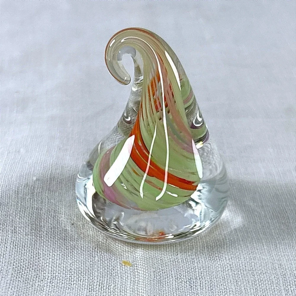Ron Hinkle Glass Hand Blown Green Orange Swirl Kiss Art Glass